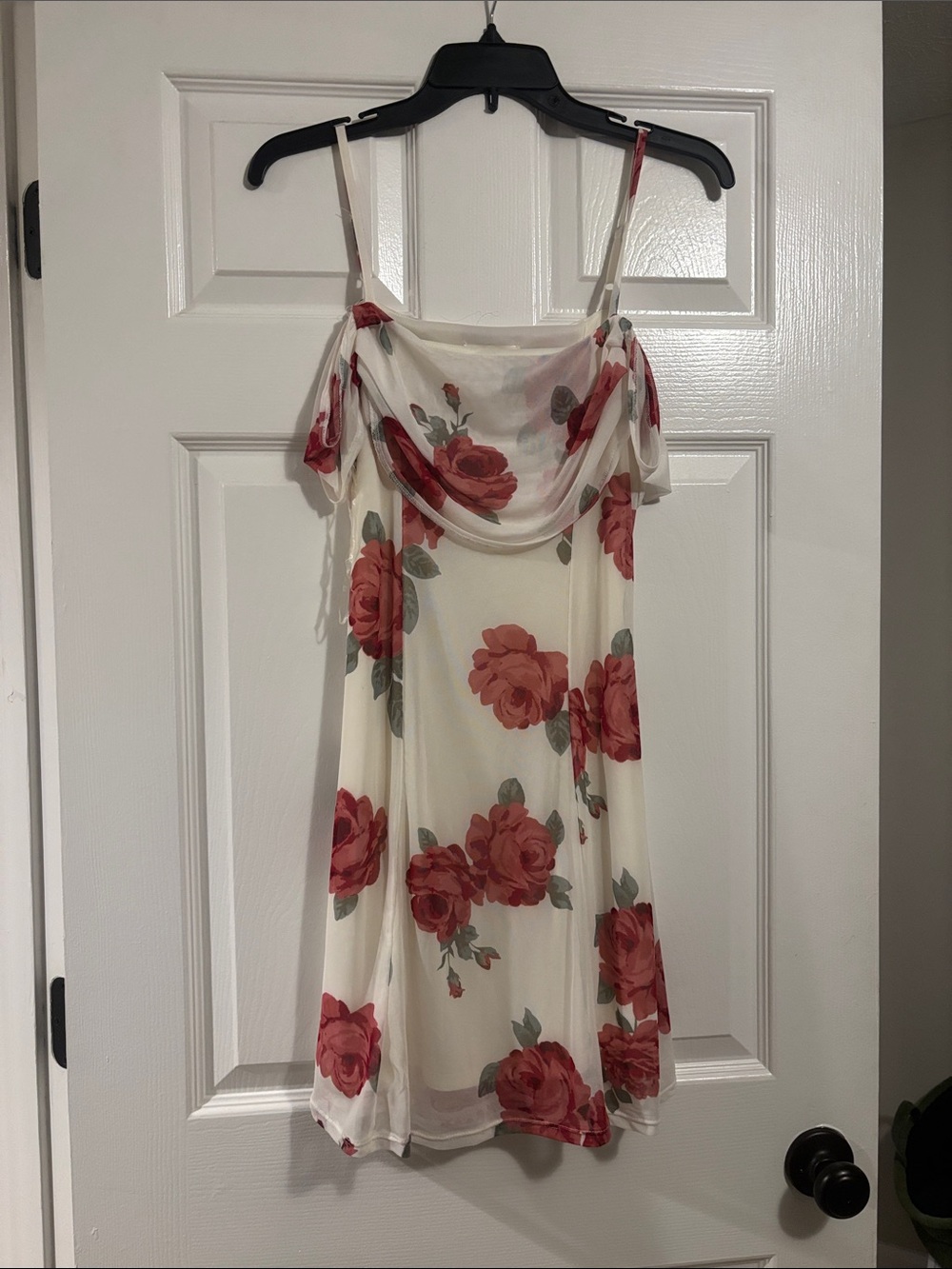 Floral Off-Shoulder Slip Dress - Cream with Red Rose Print